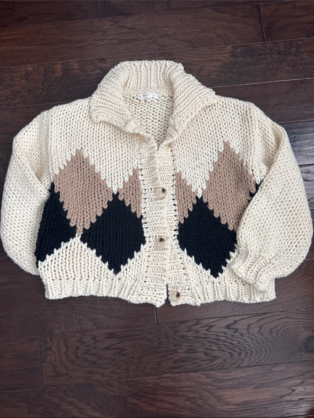 Line & Dot Ivory Chunky Argyle Cardigan with Tan and Black Diamonds